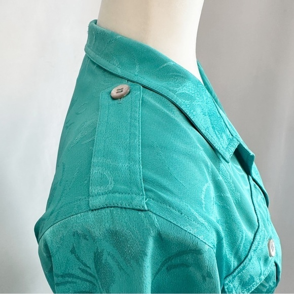 Vintage 80s Leslie Fay Teal Floral Embossed Jacquard Satin Pleated Shirt Dress - Picture 11 of 15